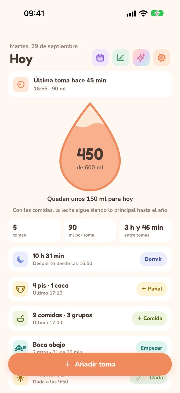 Pantalla Hoy de Gotita con la gota de leche del día