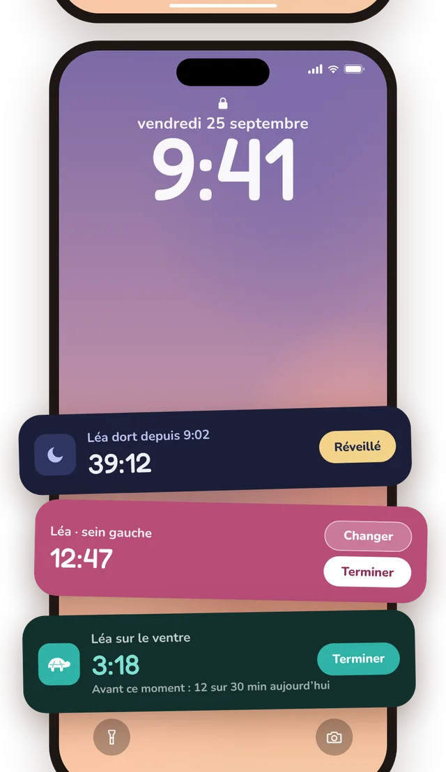 Écran verrouillé avec minuteurs de sommeil, d'allaitement et de temps sur le ventre