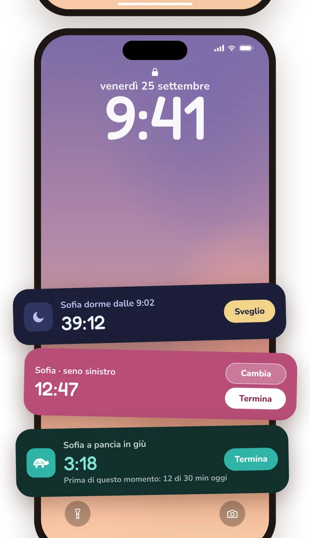 Schermata di blocco con i timer di sonno, seno e a pancia in giù